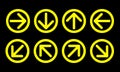 Arrow direction sign set, yellow thin line circles on black