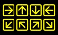 Arrow direction sign set, yellow thin line squares on black