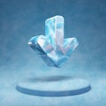 Arrow Down icon. Cracked blue Ice Arrow Down symbol on blue snow podium Royalty Free Stock Photo