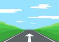 Arrow for driving in right direction movement on straight asphalt road. Achievement target, right way on nature