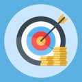 Arrow is exactly at the target. A bunch of gold coins. Illustration on a color background
