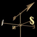 The arrow of the Golden weather vane indicates the rate of the dollar sign. Isolated on black