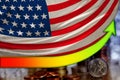 Arrow of the growing positions of the euro and the dollar under the flag of the country United States of America, the concept of Royalty Free Stock Photo