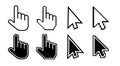 Arrow and hand cursors, pointer icons for web, computer. Vector pixel mouses with clicking finger set. Digital black and white Royalty Free Stock Photo