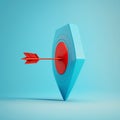 Arrow hit the center of red target with blue background, reach the target concept, generative AI Royalty Free Stock Photo