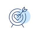 Arrow hitting heart bulls eye. Romantic attraction love relationship. Pixel perfect, editable stroke line icon