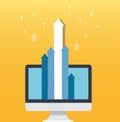 The arrow icon and computer yellow background, startup business concept illustration