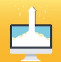 The arrow icon and computer yellow background, startup business concept illustration