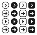 Arrow vector icon set. Direction control button. Menu navigation pointer symbol. Web interface and application indicator sign.