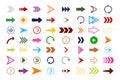 Arrow icons. Flat buttons navigation. Red, blue, pink, green, purple, yellow colors of arrows website. Modern symbols of previous