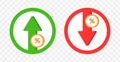 Arrow icons with percentage. Growth and falling percent. Arrows up and down. Increasing or decreasing profits. Vector