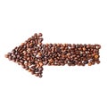 Arrow image made up of coffee beans on a white background