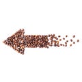 Arrow image made up of coffee beans on a white background