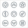 Arrow line icons. linear set. quality vector line set such as pause, down, left, bottom left, love, about, star, up arrow