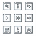 Arrow line icons. linear set. quality vector line set such as up arrow, more, menu, right, next, play, next, about