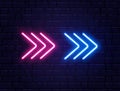 Arrow neon on brick wall. Realistic shining signboard. Glowing arrow pointers icon. Color neon banner. Night bright
