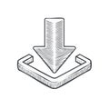 Arrow pointing down into a box: Symbol of download, or content upload or saving process, vector sketch illustration Royalty Free Stock Photo