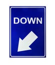 Arrow pointing down diagonal left road traffic sign icon white isolated on blue. Down road signage symbol isolated on white Royalty Free Stock Photo
