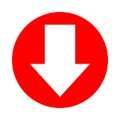 Arrow pointing down white in circle red for icon flat isolated on white, circle with arrow for button interface app, arrow sign of