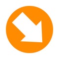 Arrow pointing right down in circle orange for icon flat isolated on white, circle with arrow for button interface app, arrow sign