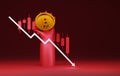 Arrow with red candlestick downward and bitcoin coin price on smartphones