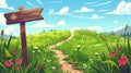 An arrow road sign on a green field with wood arrows. Spring grass hill in park with flowers. Panoramic view of a rural