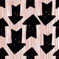 Arrow seamless pattern on stripes background. Black arrows patternon white background