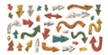 Arrow set for collage. Crayon drawing paper navigation path marks.Curved pointers for collage isolated on white background. Vector