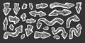 Arrow set for collage. Pencil drawing paper navigation path marks. Pointers for collage isolated on black background. Vector hand