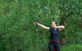 arrow shooting from a bow in nature, sport archery. copy space Royalty Free Stock Photo