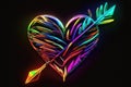 Arrow shot through the heart. Neon artwork in vivid colors. Lights glowing in an abstract 3D illustration.