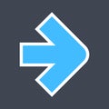 Arrow sign created as a sticker icon with a white outline. Blue navigation symbol designed in flat style
