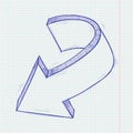 Arrow sketch. Down sign. Blue hand drawn doodle on lined paper background Royalty Free Stock Photo