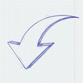 Arrow sketch. Down sign. Blue hand drawn doodle on lined paper background Royalty Free Stock Photo