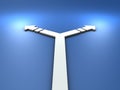 An arrow that splits left and right. Abstract concept representing crossroads and choices. cool blue background.