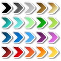 Arrow stickers. Black, grey, silver, dark, golden, cyan, turquoise, blue, green, purple, red, orange and yellow label with white Royalty Free Stock Photo