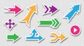 Arrow stickers. Pointer icons. Round button. Rotate or swirl label. Straight or curve way symbols. Smooth marker shape