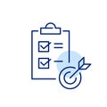 Arrow striking bullseye on target. Checked tasks on checkmark. Focused task management, goal oriented planning