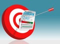 An arrow is stuck in the bullseye of a red and white striped target and a credit report with a high credit score