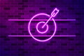 Arrow in target glowing purple neon sign or LED strip light. Realistic vector illustration