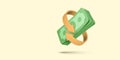 Arrow twisted around dollar bills. 3D cartoon bundle cash money. Cashback and refund. Currency exchange. Transfer paper banknote