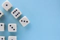 Arrow up. White gaming dices on light blue background. victory chance and lucky. Flat lay style, place for text. Top view and