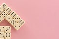 Arrow up. White gaming dices on pink background. victory chance and lucky. Flat lay style, place for text. Top view and Close-up