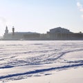 The arrow of Vasilevsky island, winter photo. Saint-Petersburg, Russia.