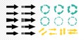 Arrow vector icon set. Black arrow icon, Green arrows recycle symbols, and Yellow arrows on transparent background. Royalty Free Stock Photo