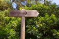 Arrow wooden track blank road sign in Mediterranean