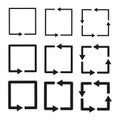Arrowed squares collection. Rotating frame symbols. Black vector shapes. Repeating square patterns.