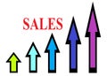 Arrows with bold black outlines and multiple colors of different sizes pointing upwards and the word sales in red