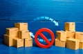 Arrows between boxes and prohibition symbol NO. Trade wars. Ban on imports and exports. Sanctions and embargoes. Termination