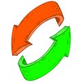 Arrows in circular motion. Green and orange hand drawn sketch